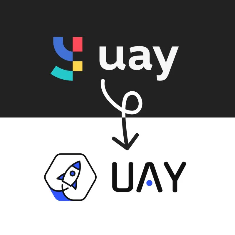 Visualisierung des neuen uay Brandings mit Indigo-Blau, Rakete und Hexagon